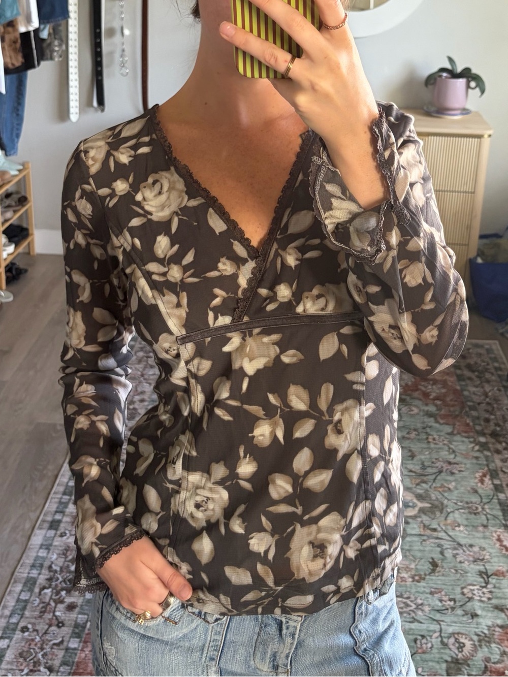 Y2K Axcess Liz Claiborne Brown Floral Lace Top M